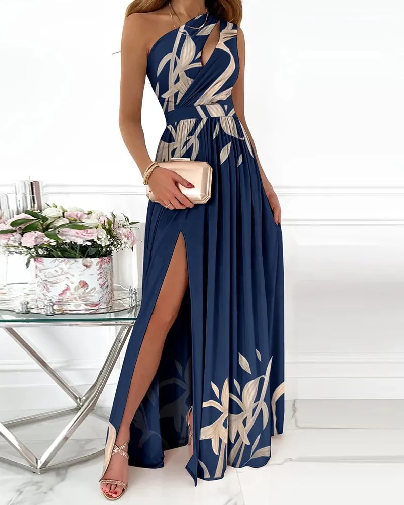 2022 Women Summer Elegant One Shoulder Floral Print High Slit Cutout Maxi Party Dress Asymmetric Long Sexy Robes Evening Dresses