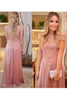 2024 Chiffon Scoop Short Sleeves Prom Dresses Sweep Train PX92RGR2