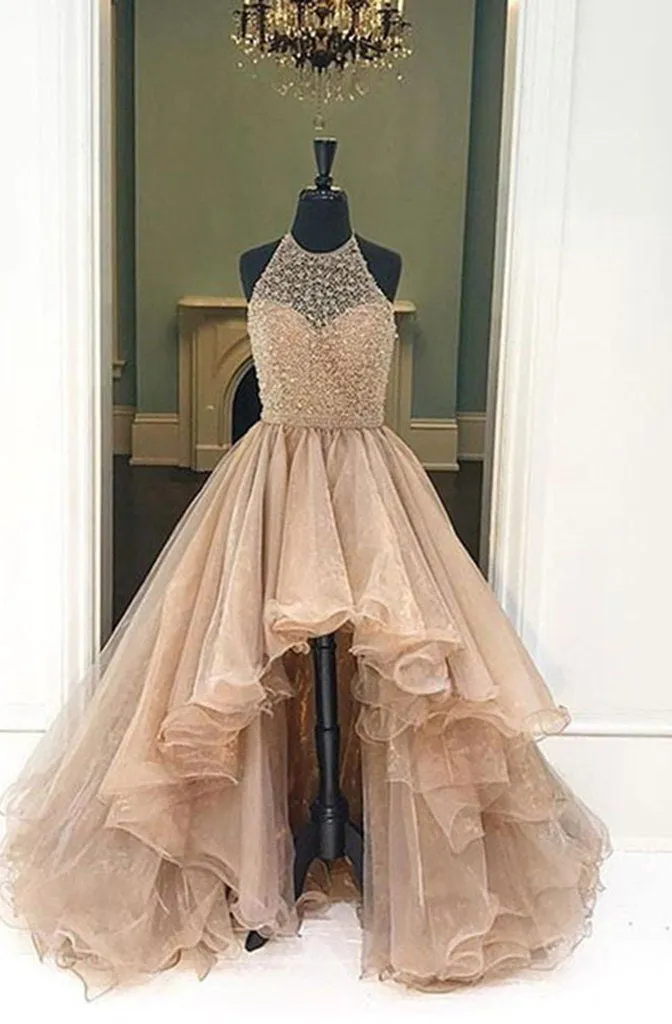 2024 Halter Beaded High Low Organza Champagne Prom Dresses