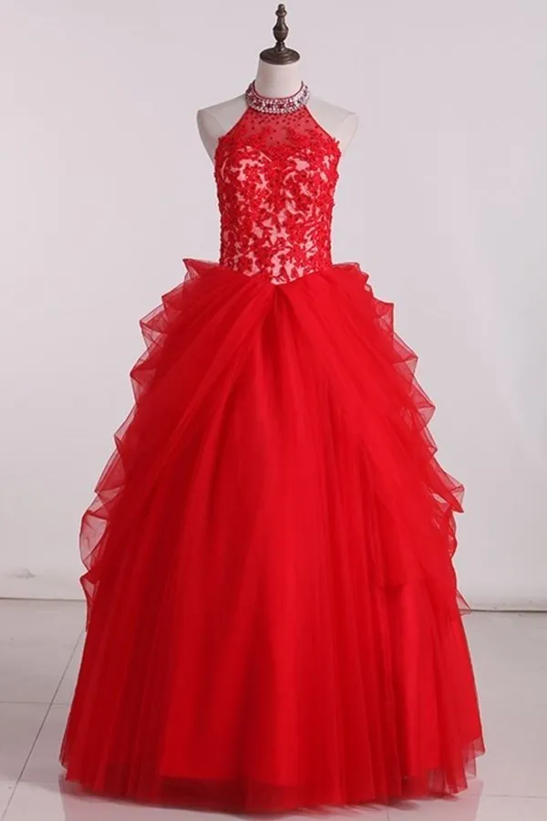 2024 High Neck Tulle With Applique Ball Gown Quinceanera Dresses PHZBHJQC