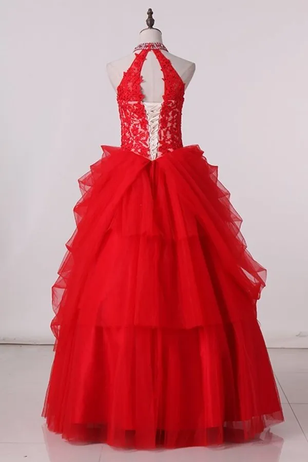 2024 High Neck Tulle With Applique Ball Gown Quinceanera Dresses PHZBHJQC