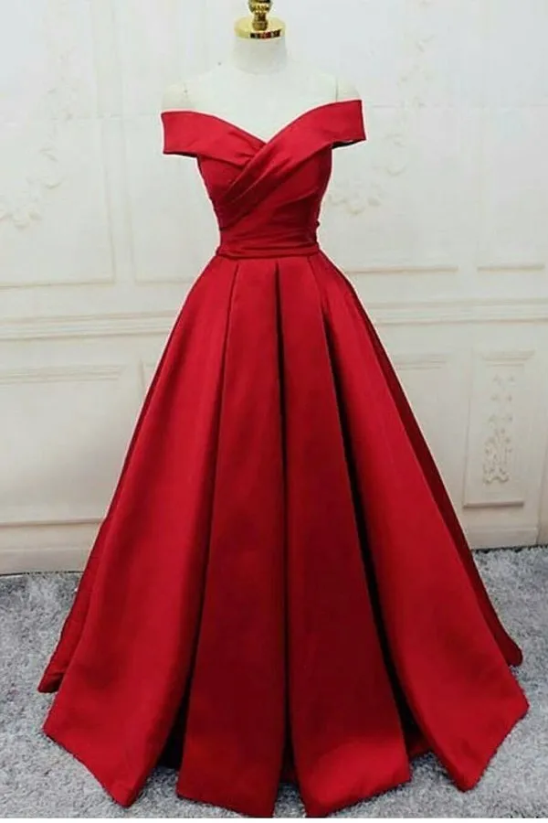 2024 Off The Shoulder Prom Dresses Satin Red Sweep Train Lace PSHTJGFC