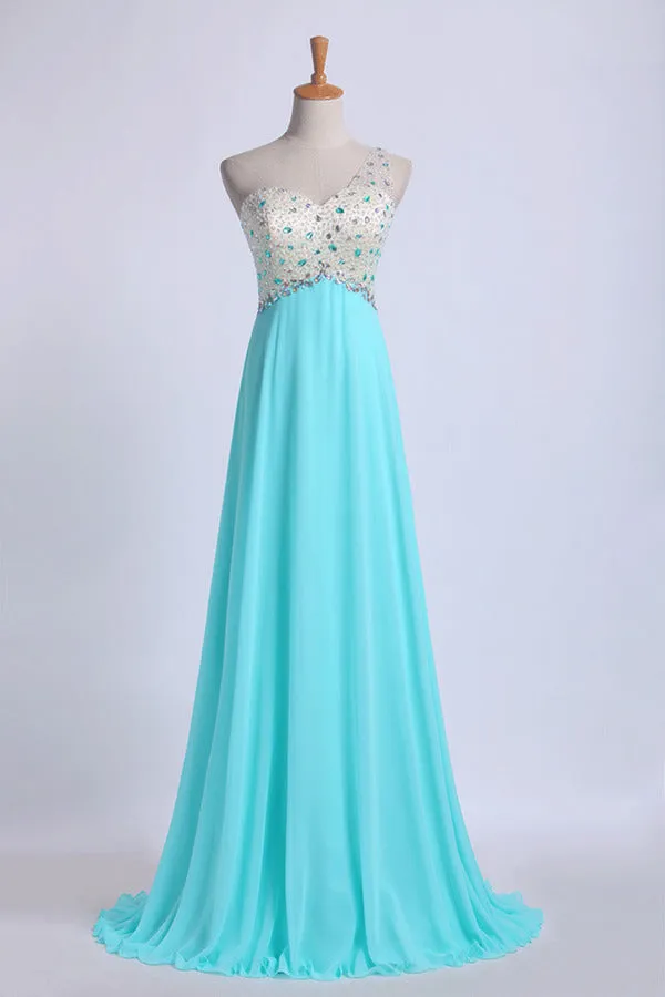 2024 One Shoulder Prom Dresses A Line With Beading Tulle And Chiffon Sweep P8ZTTQGG