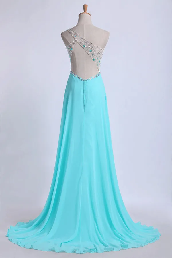 2024 One Shoulder Prom Dresses A Line With Beading Tulle And Chiffon Sweep P8ZTTQGG