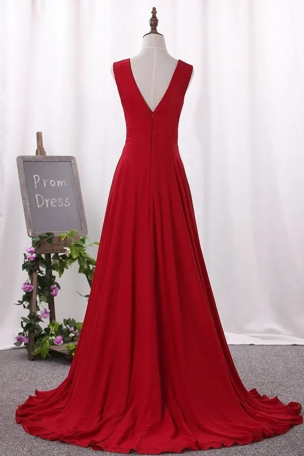 2024 Prom Dresses V Neck Chiffon With Slit PTRX7LGK