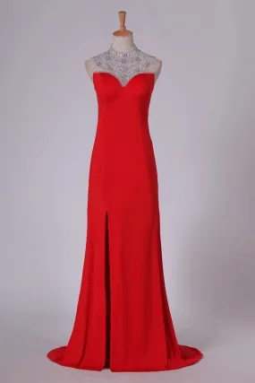 2024 Red High Neck Prom Dresses Sheath/Colum With Beading P3XSANTS