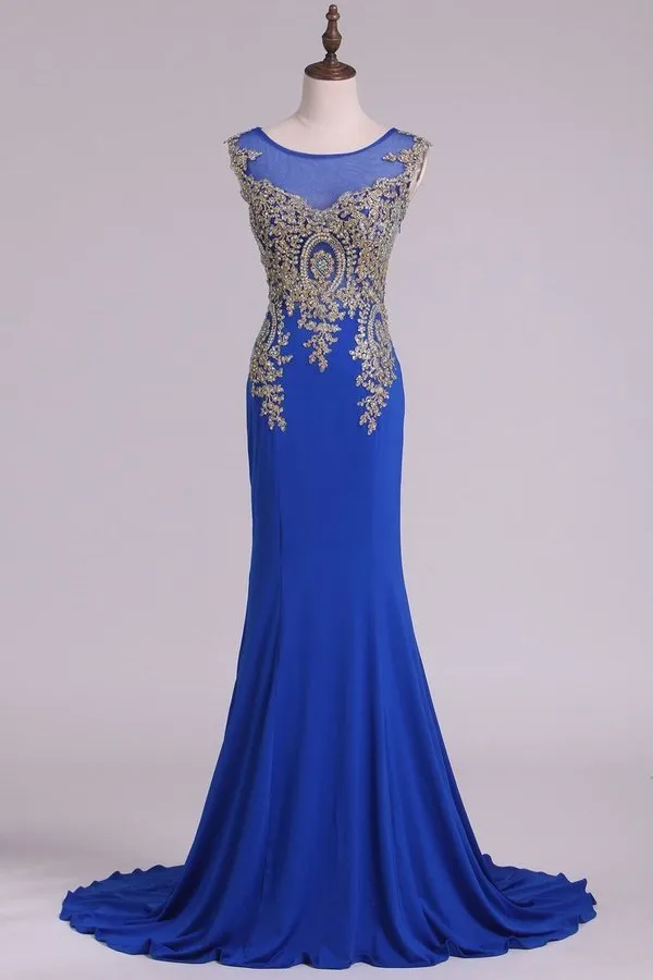 2024 Scoop Prom Dresses Mermaid Spandex With Applique PJJD2FC7