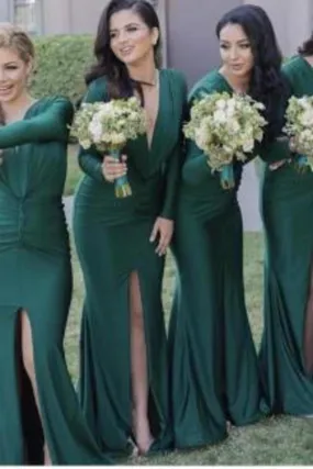 2024 V Neck Long Sleeves Mermaid Bridesmaid Dresses P17DF274