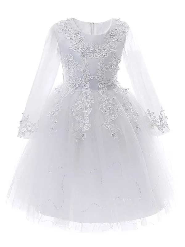 3/4 Length Sleeves White Flower Girl Dresses Jewel Neck Tulle Lace Embroidered Kids Party Dresses