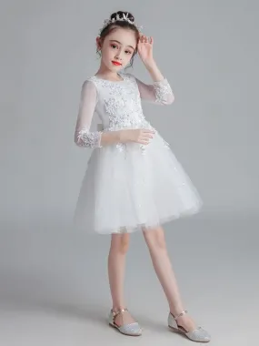 3/4 Length Sleeves White Flower Girl Dresses Jewel Neck Tulle Lace Embroidered Kids Party Dresses