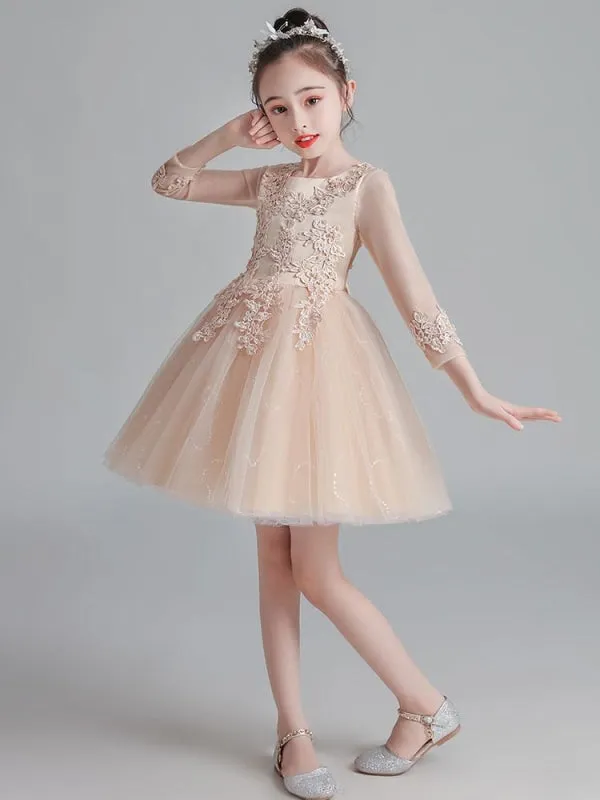 3/4 Length Sleeves White Flower Girl Dresses Jewel Neck Tulle Lace Embroidered Kids Party Dresses