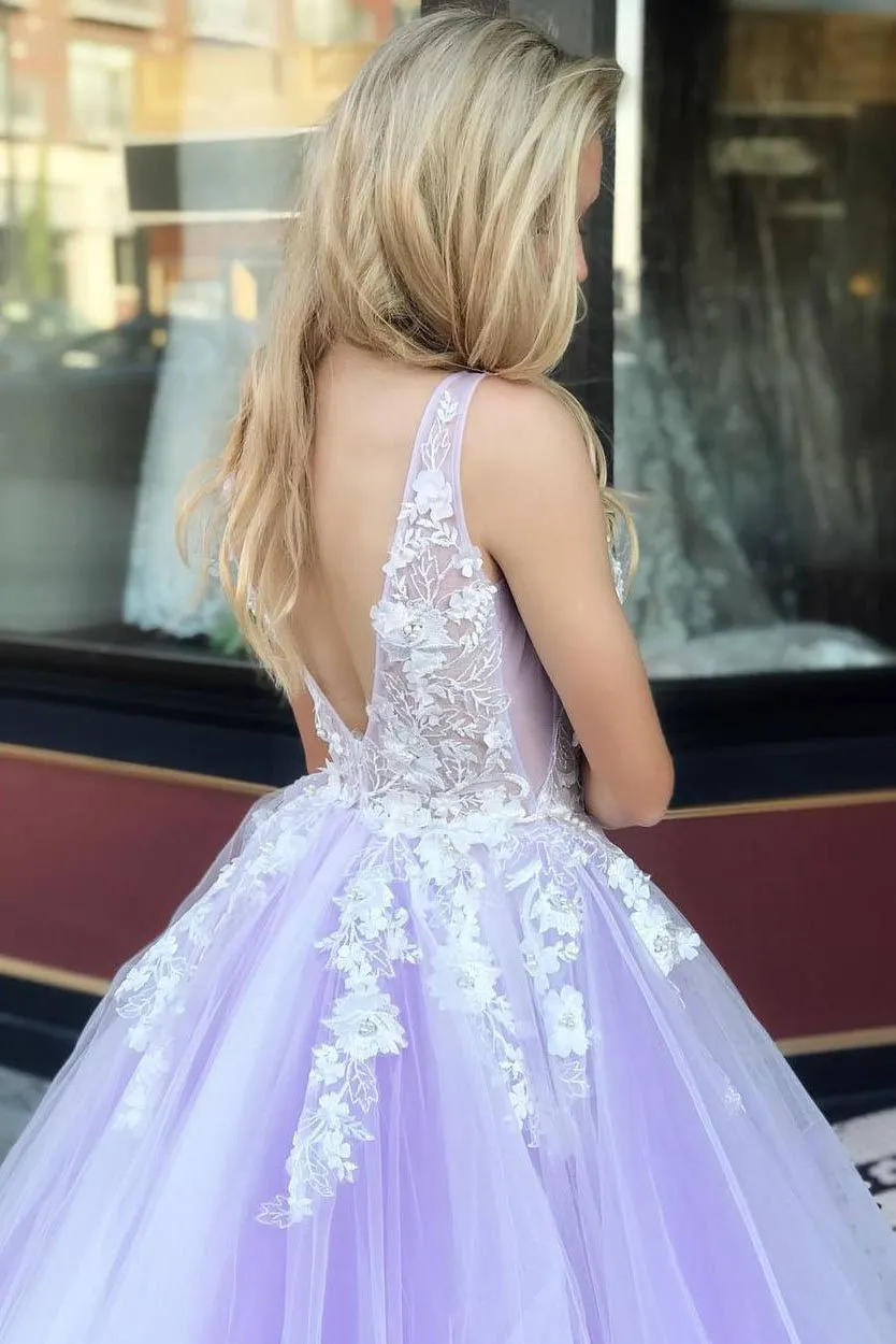 3D Floral Appliques Tulle V Neck Lavender Prom Dresses Princess Evening Dresses