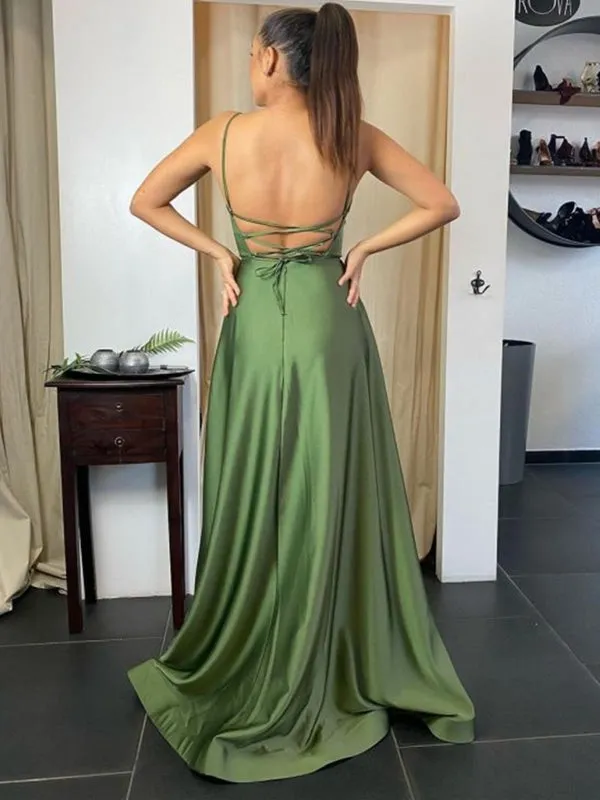 A Line Backless Green Satin Long Prom Dresses with Leg Slit, Backless Green Formal Graduation Evening Dresses