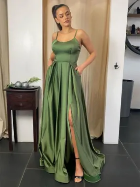 A Line Backless Green Satin Long Prom Dresses with Leg Slit, Backless Green Formal Graduation Evening Dresses