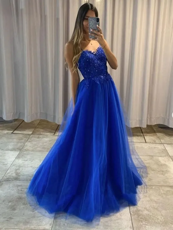 A Line Blue Lace Beaded Long Prom Dresses, Blue Lace Formal Graduation Evening Dresses