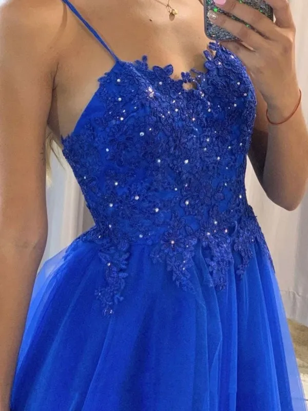 A Line Blue Lace Beaded Long Prom Dresses, Blue Lace Formal Graduation Evening Dresses