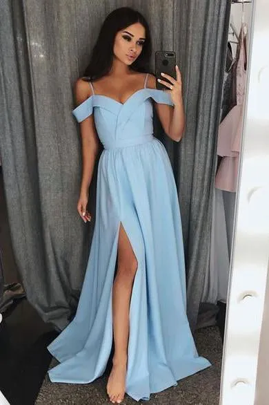 A Line Blue Sweetheart Cold Shoulder Satin Prom Dresses with Slit Long Party Dress JS674