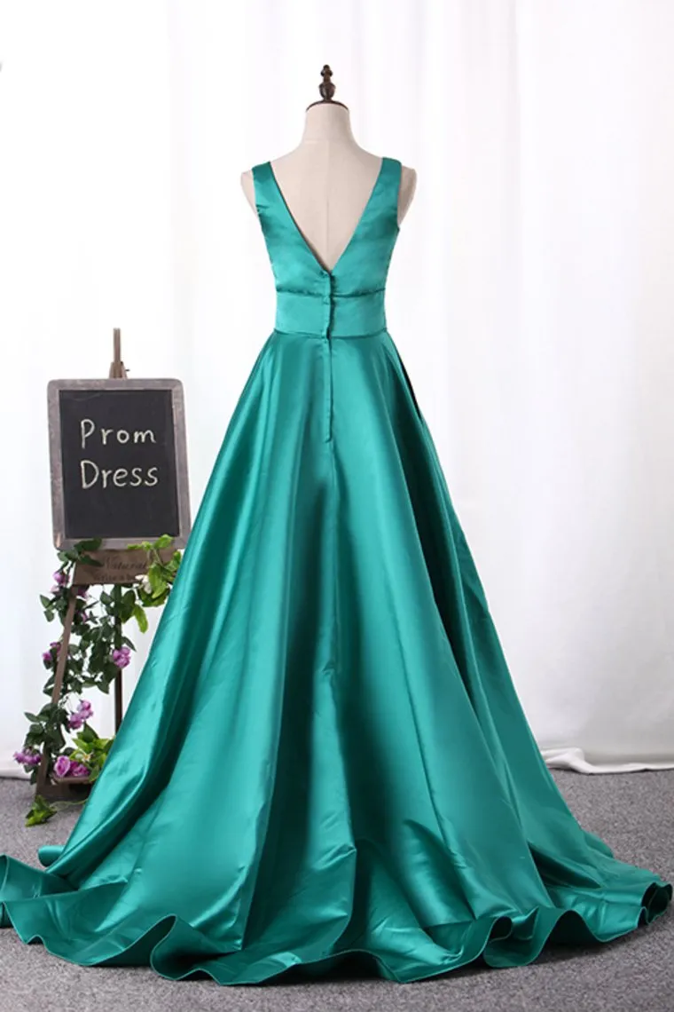 A Line Evening Dresses V Neck Satin Sweep Train Open Back