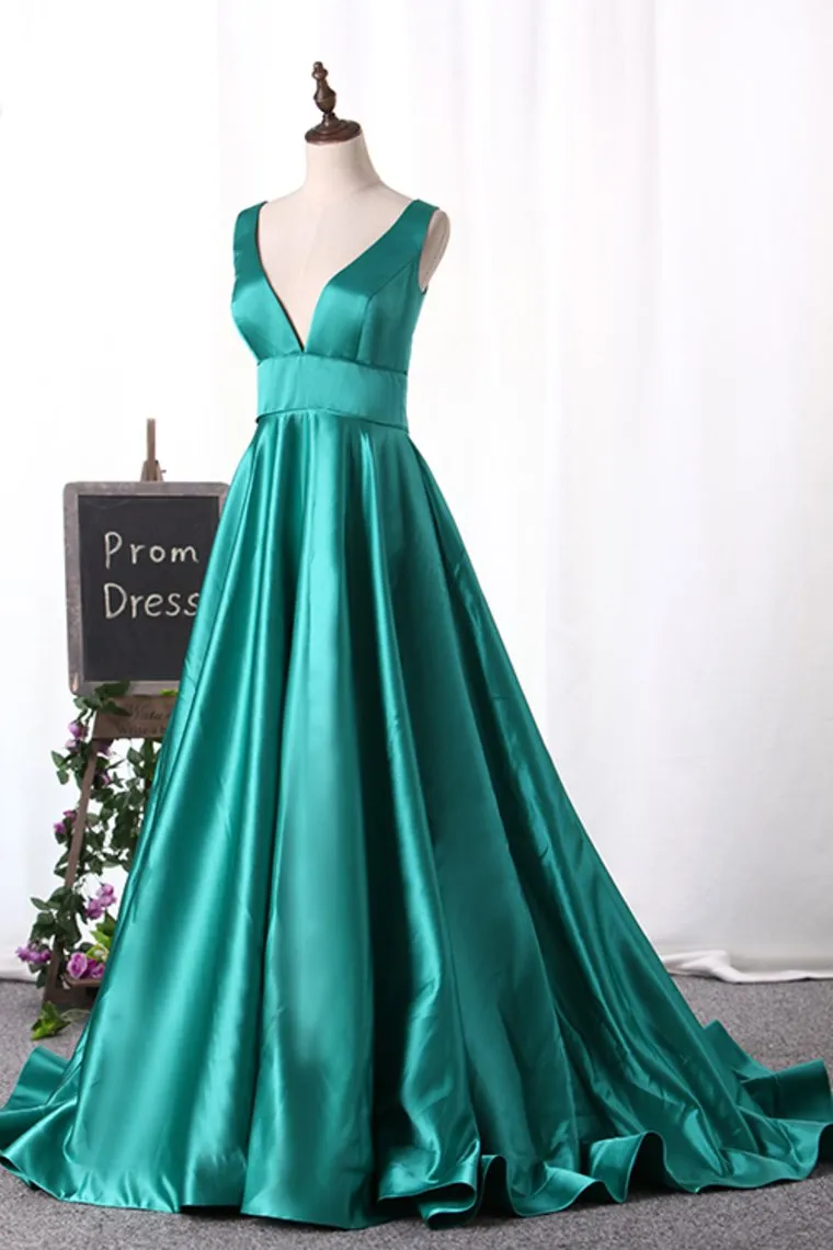 A Line Evening Dresses V Neck Satin Sweep Train Open Back