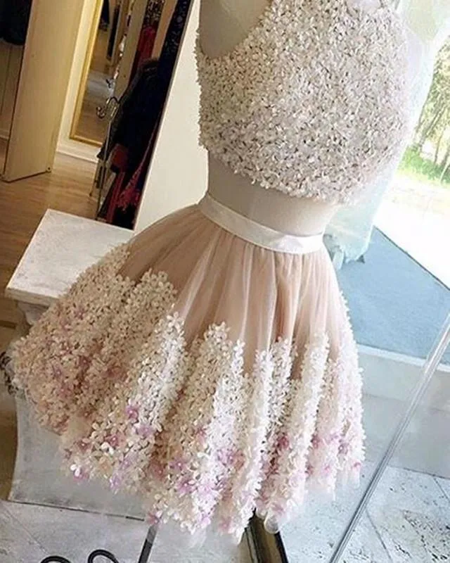 A-line Floral Lace Homecoming Dresses Two Piece Prom Dress Short