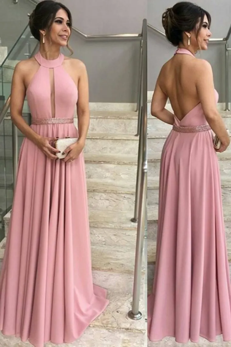 A Line Halter Prom Dresses With Beads Waistline Elastic Satin