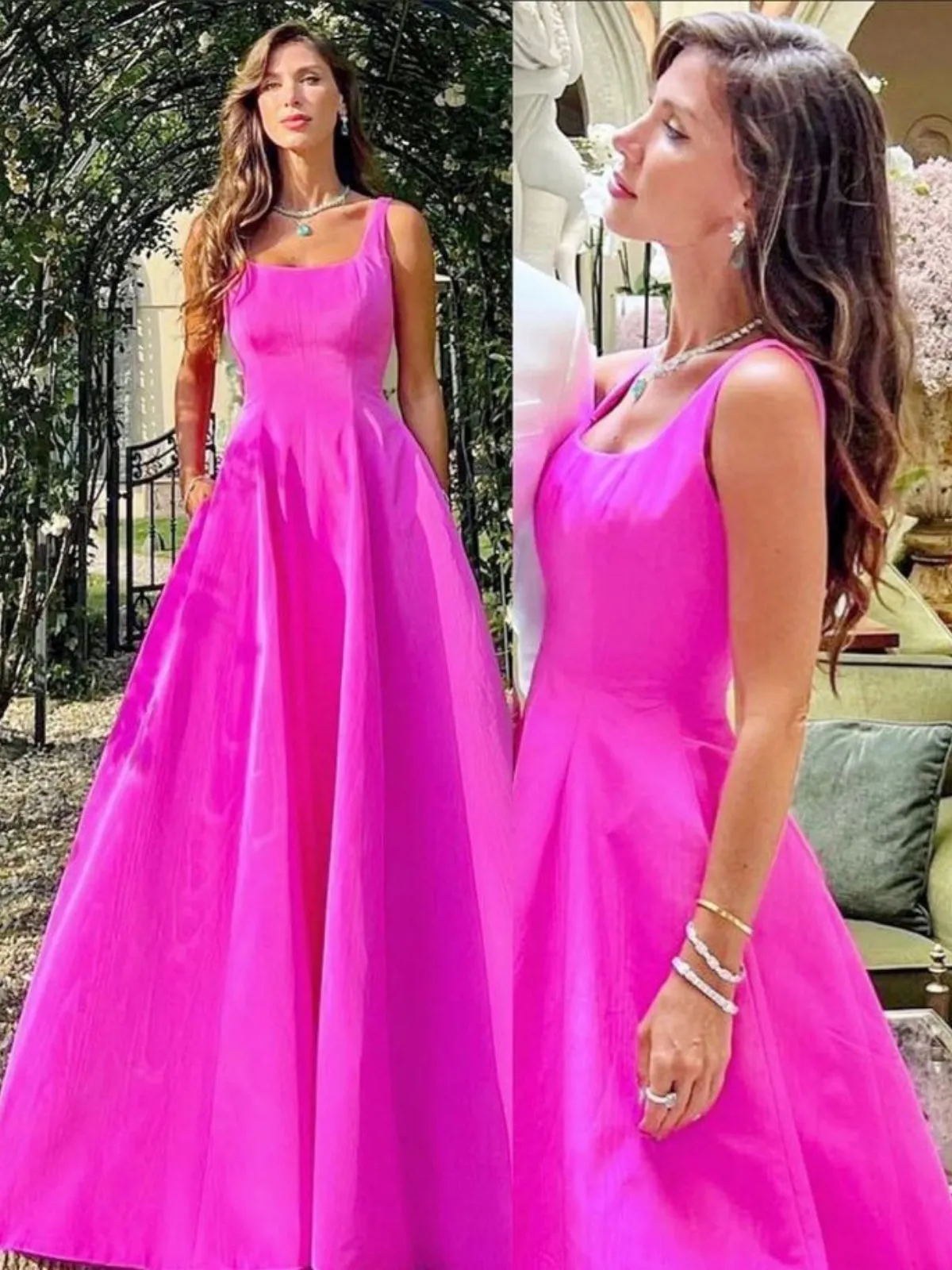 A Line Hot Pink Satin Long Prom Dresses with Pocket, Long Hot Pink Formal Graduation Evening Dresses SP2897