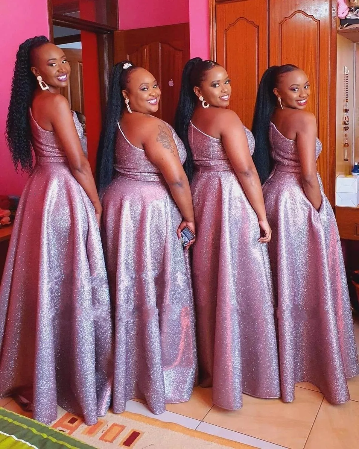 A Line Long African One Shoulder Puple Sequin Bridesmaid Dresses Party Dress,BD240623