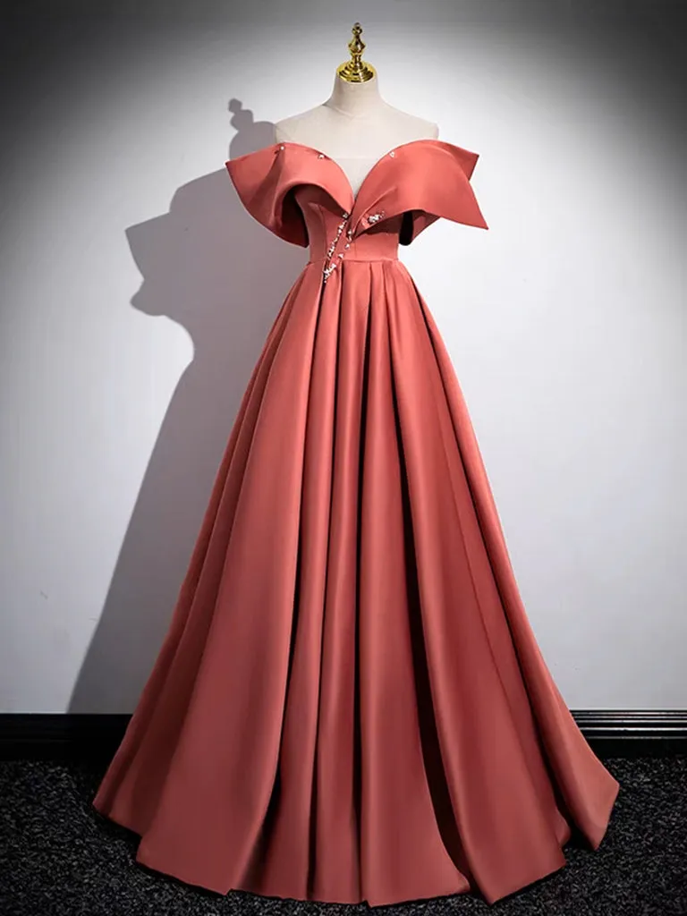 A-Line Off Shoulder Satin Watermelon Red Long Prom Dress, Watermelon Long Formal Dress