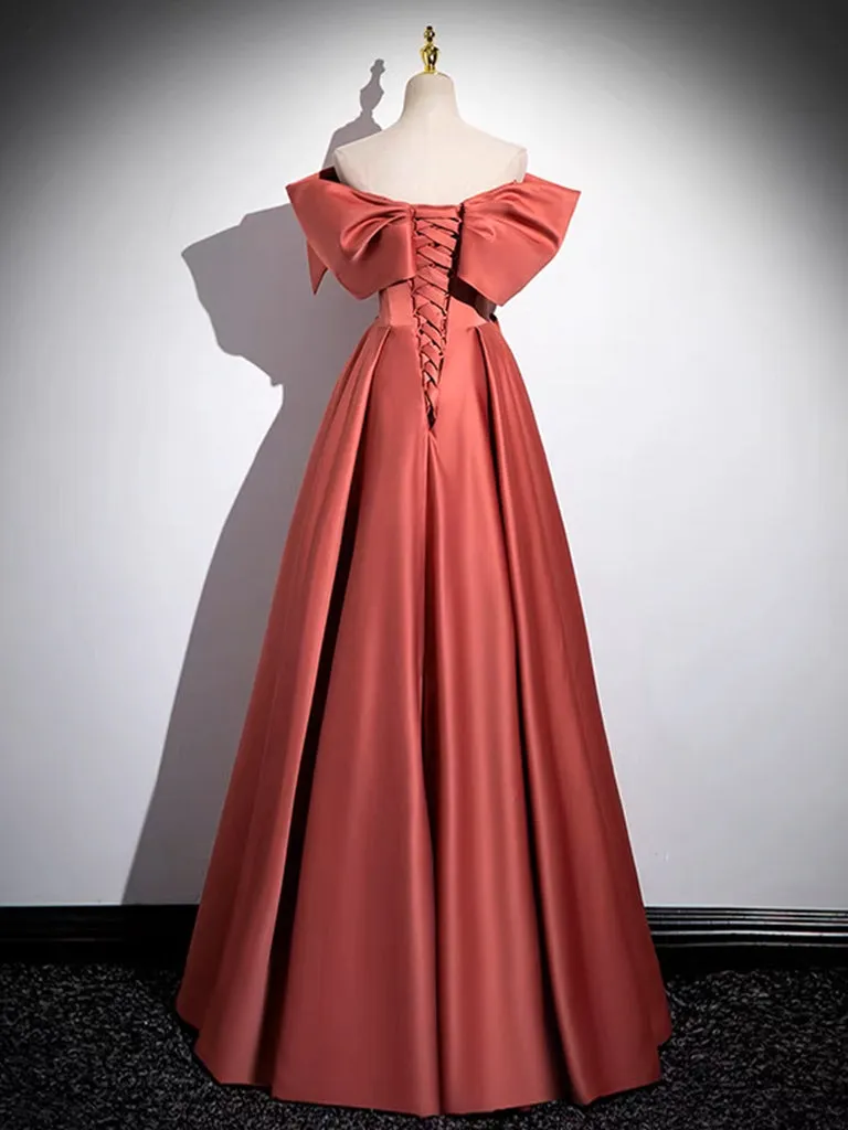 A-Line Off Shoulder Satin Watermelon Red Long Prom Dress, Watermelon Long Formal Dress