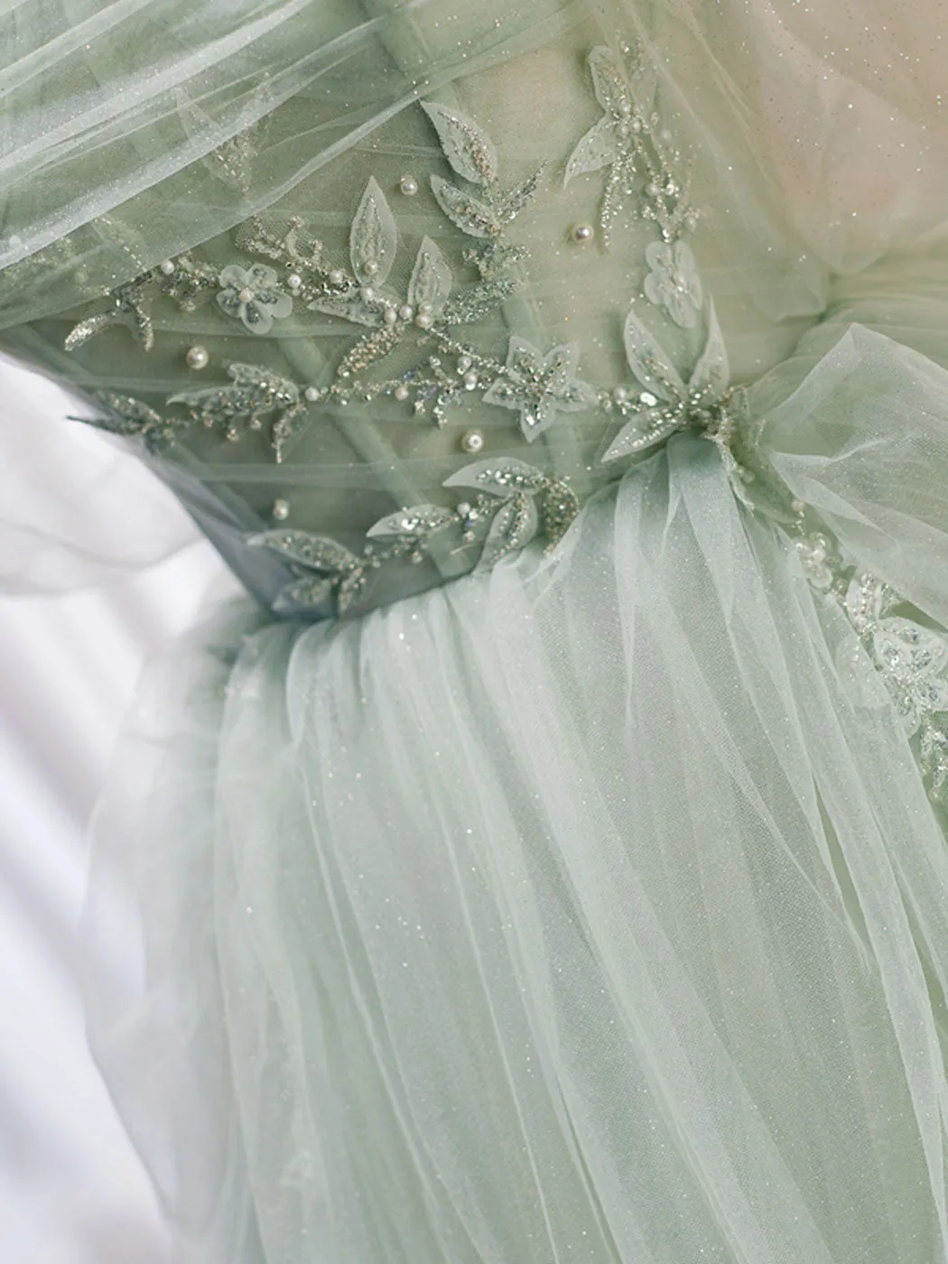 A-Line Off Shoulder Tulle Green Long Prom Dresses, Green Formal Dress with Beading