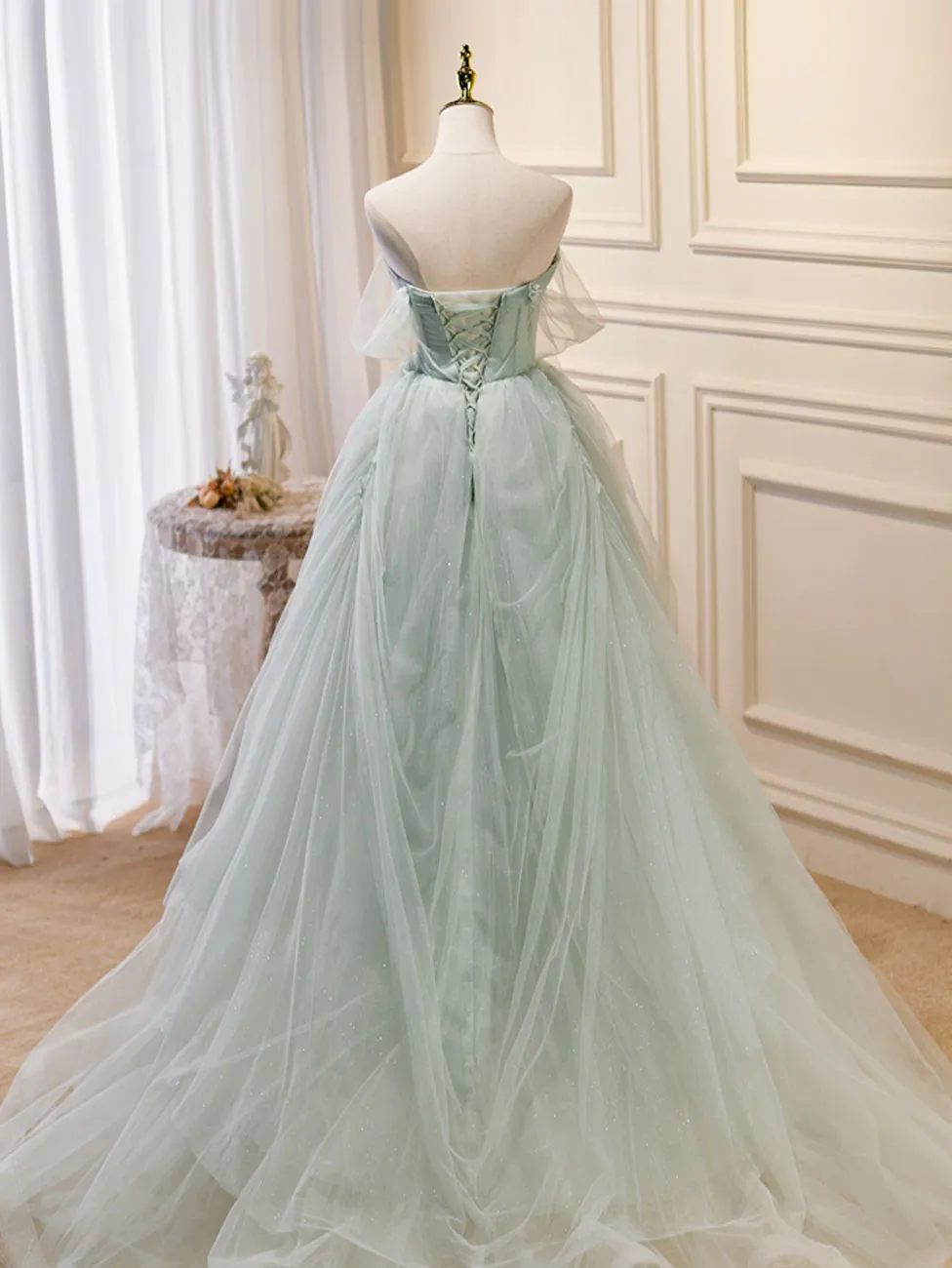 A-Line Off Shoulder Tulle Green Long Prom Dresses, Green Formal Dress with Beading