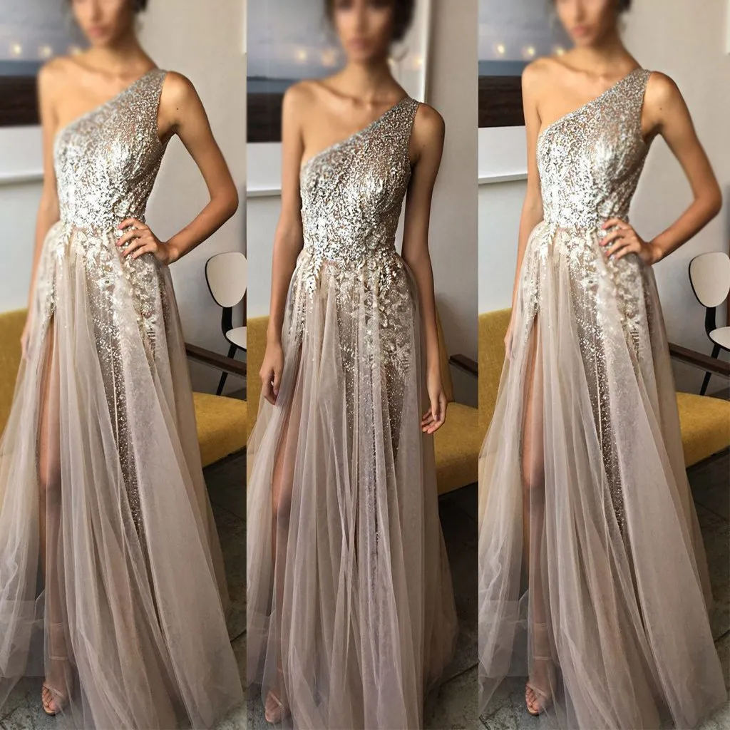 A-line One Shoulder Shinning Side Split Floor-length Tulle Prom Dress Evening Dresses. PDY0205