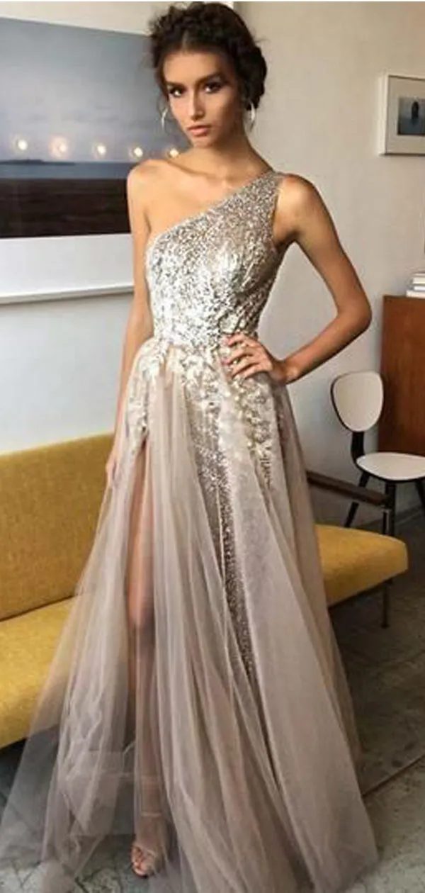 A-line One Shoulder Shinning Side Split Floor-length Tulle Prom Dress Evening Dresses. PDY0205