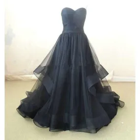 A Line prom dress, long Party Dress, tulle evening dress, sweetheart prom dress, black prom dress, BD390