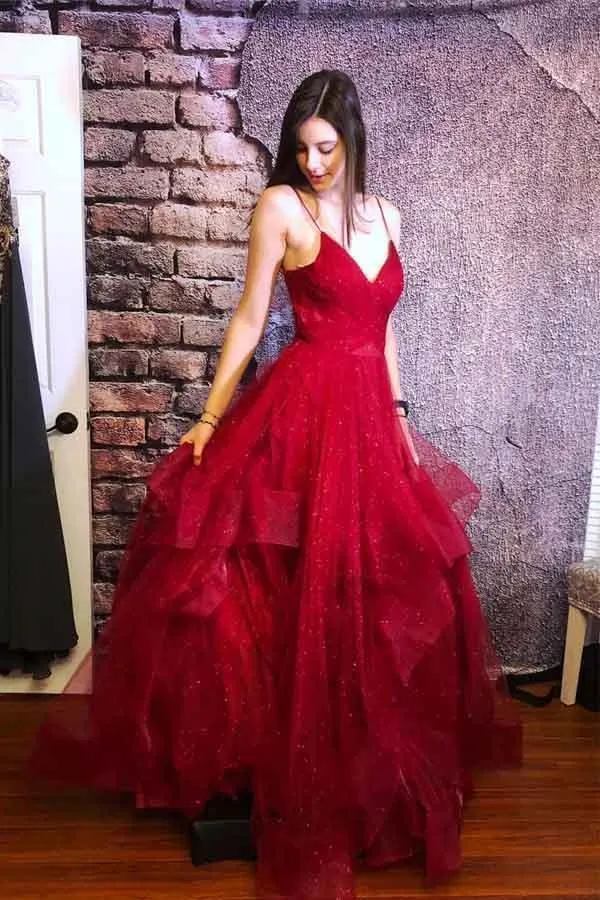 A line Red Ruffles Spaghetti Straps V Neck Prom Dresses Backless Long Evening Dresses