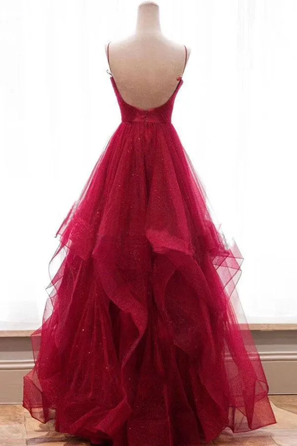 A line Red Ruffles Spaghetti Straps V Neck Prom Dresses Backless Long Evening Dresses