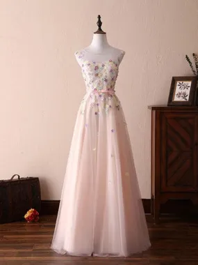 A Line Round Necks Appliques Light Pink Prom Dresses, Pink Formal Dresses, Evening Dresses with