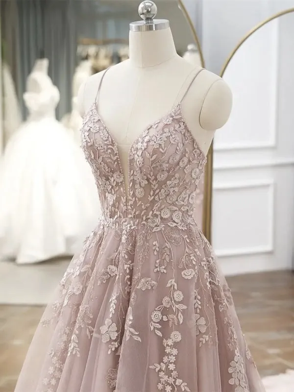 A Line V Neck Backless Pink Lace Floral Long Prom Dresses, Pink Lace Formal Graduation Evening Dresses