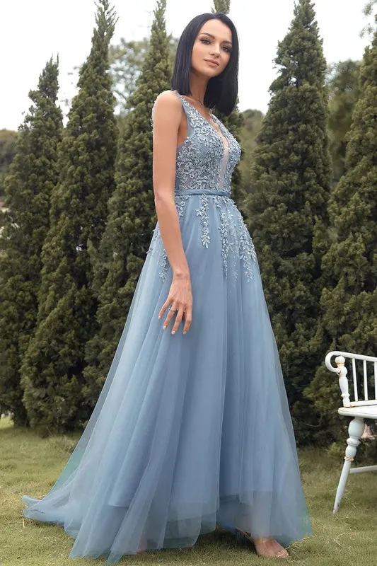 A Line V Neck Blue Lace Tulle Long Prom Dresses, Blue Lace Formal Dresses, Blue Evening Dresses