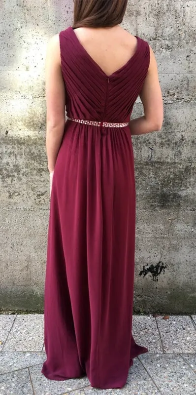 A Line V Neck Burgundy Long Prom Dresses, V Neck Burgundy Formal Graduation Evening Dresses