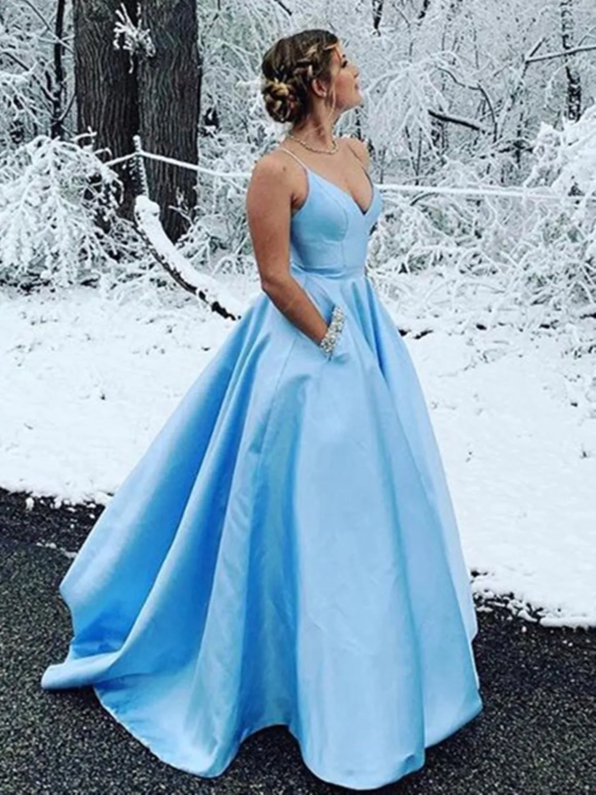 A Line V Neck Light Blue Satin Long Prom Dresses with Pocket, V Neck Light Blue Formal Evening Dresses