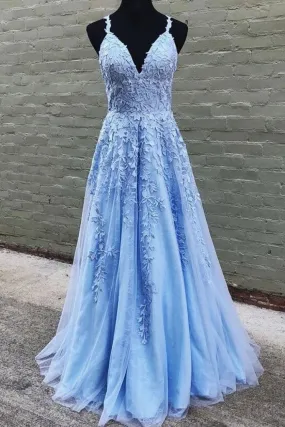 A Line V Neck Long Blue Lace Appliques Prom Dresses, Formal Bridesmaid Dresses STK15042