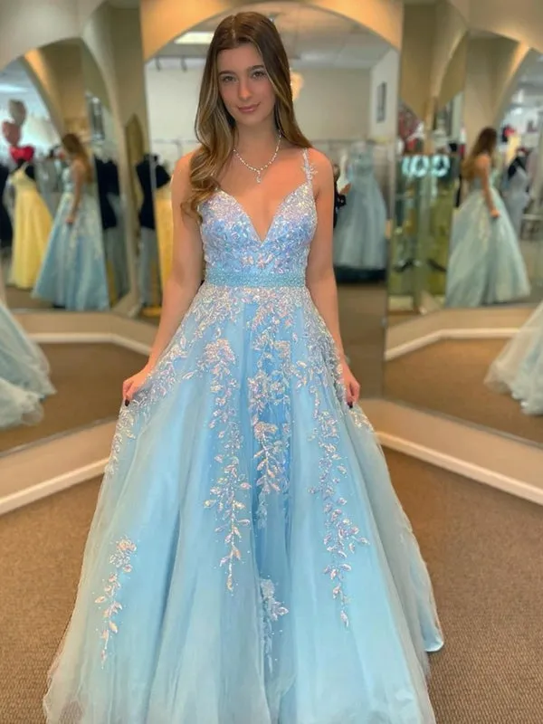 A Line V Neck Open Back Beaded Blue Lace Long Prom Dresses with Belt, Blue Lace Formal Dresses, Beaded Blue Evening Dresses