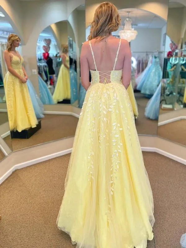 A Line V Neck Open Back Yellow Lace Tulle Long Prom Dresses with Appliques, Yellow Lace Formal Graduation Evening Dresses