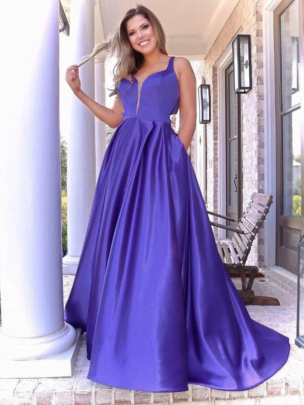 A Line V Neck Purple Satin Long Prom Dresses with Pocket, V Neck Purple Formal Graduation Evening Dresses