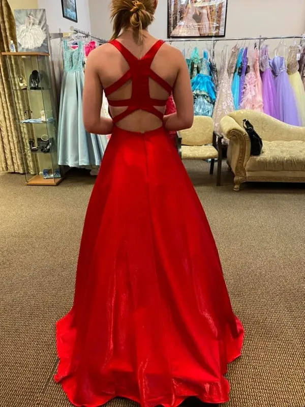 A Line V Neck Red Satin Long Prom Dresses with Pocket, V Neck Red Formal Graduation Evening Dresses