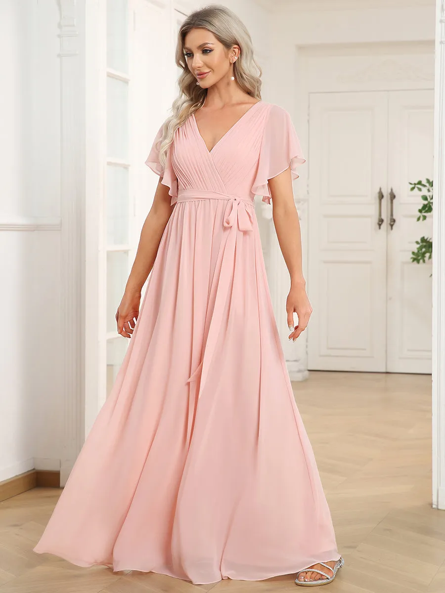 A Line Wholesale Bridesmaid Dresses with Deep V Neck Ruffles Sleeves