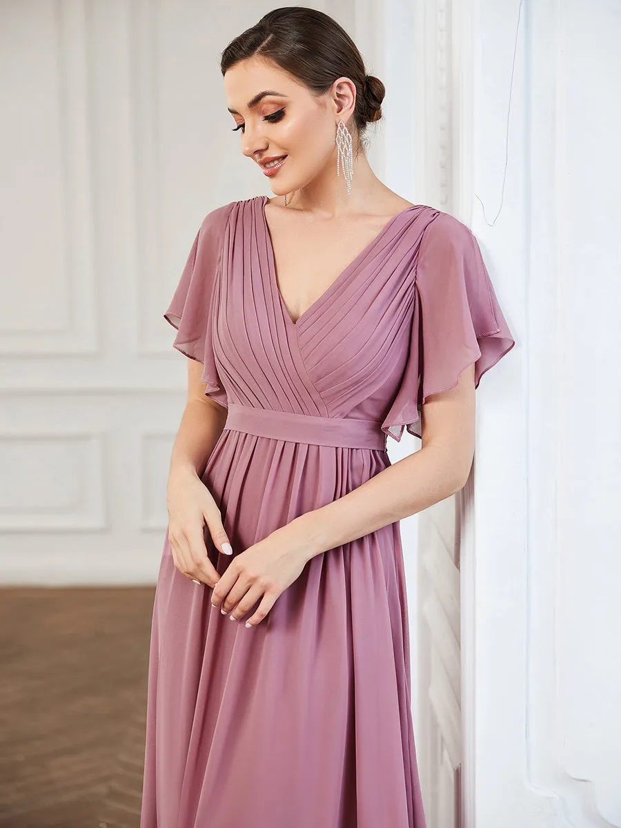 A Line Wholesale Bridesmaid Dresses with Deep V Neck Ruffles Sleeves