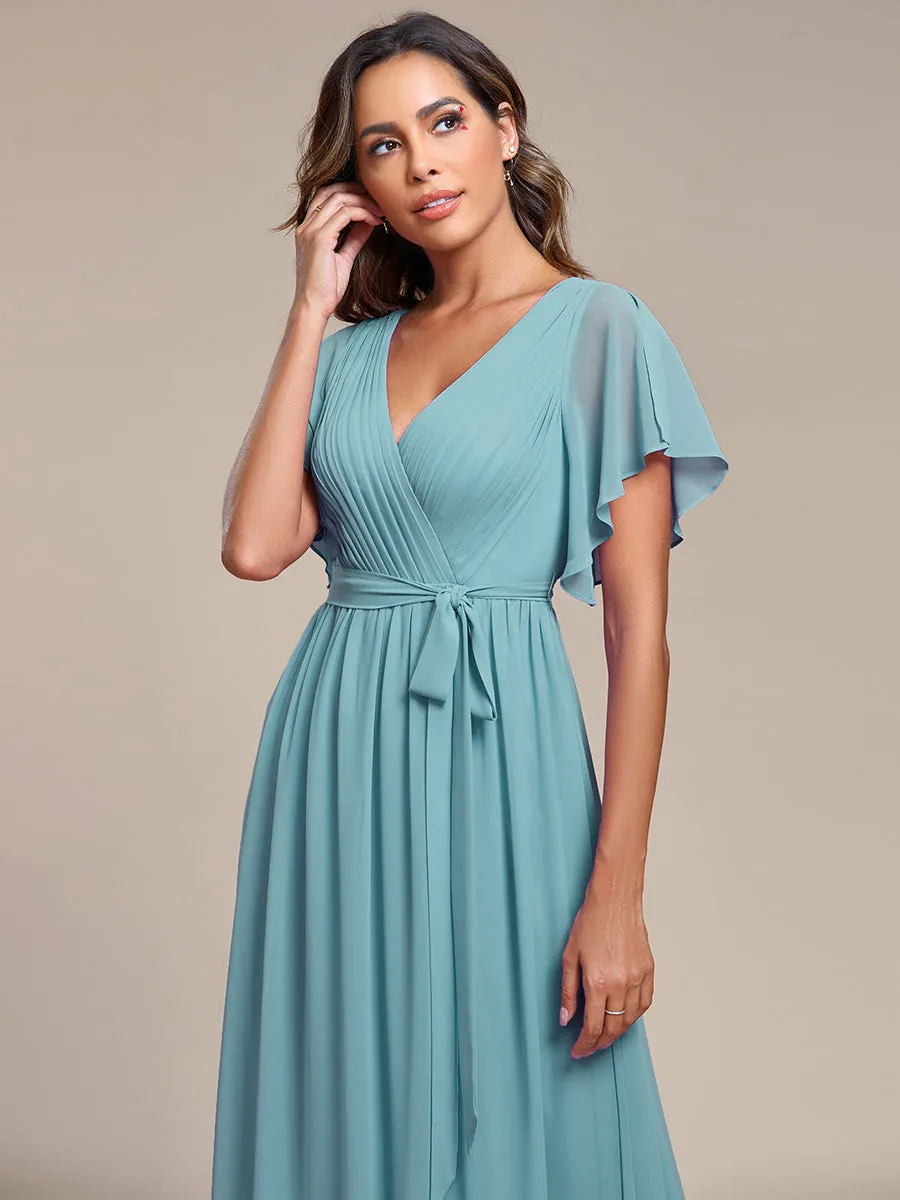 A Line Wholesale Bridesmaid Dresses with Deep V Neck Ruffles Sleeves