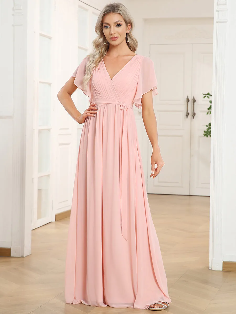 A Line Wholesale Bridesmaid Dresses with Deep V Neck Ruffles Sleeves